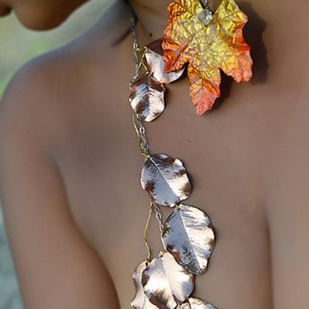 Falling Into You -Copper Leaves and Maple Leaf Resin Glossy Silver Necklace Wrap